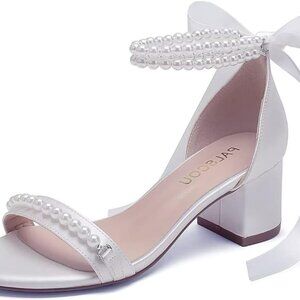 Wedding Sandals Pearl Embellished Ankle Strap Low Heel Bridal Shoes for Women